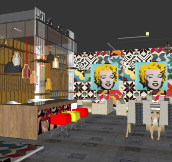 两层火锅店餐饮店设计sketchup模型，火锅店草图大师模型下载