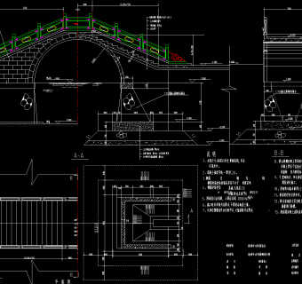 全套古代拱桥长廊亭CAD施工图，拱桥长廊CAD建筑图纸下载