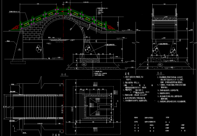 全套古代拱桥长廊亭CAD施工图，拱桥长廊CAD建筑图纸下载