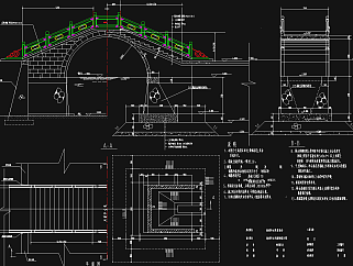 全套古代拱桥长廊亭CAD施工图，拱桥长廊CAD建筑图纸下载
