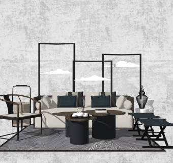 新中式布艺沙发组合su模型，沙发组合sketchup模型下载