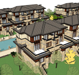 欧式联排别墅skb文件，别墅sketchup模型下载