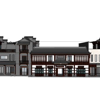 连排中式别墅草图大师模型，别墅sketchup模型