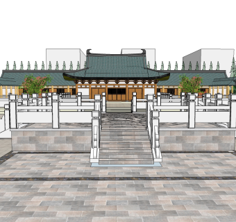 中式寺庙外观免费su模型下载、寺庙草图大师模型下载