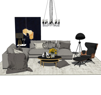 现代布艺沙发组合模型，沙发su模型下载