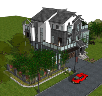 中式别墅建筑草图大师模型，古建民俗sketchup模型免费下载