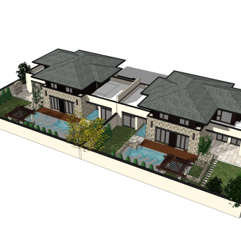 中式联排别墅su模型，别墅sketchup模型下载