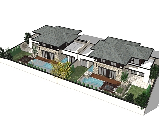 中式联排别墅su模型，别墅sketchup模型下载