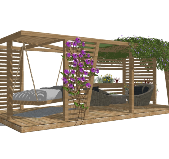 现代庭院实木廊架草图大师模型，庭院实木廊架sketchup模型下载