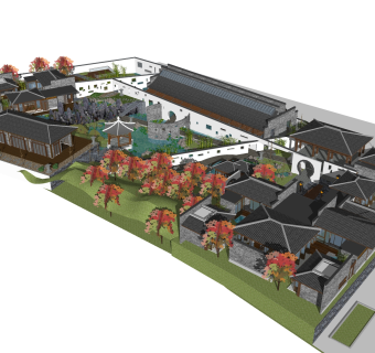 中式村落建筑草图大师模型，古建民俗sketchup模型免费下载