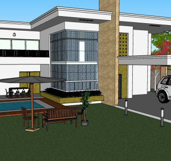 现代别墅草图大师模型，别墅泳池sketchup模型下载