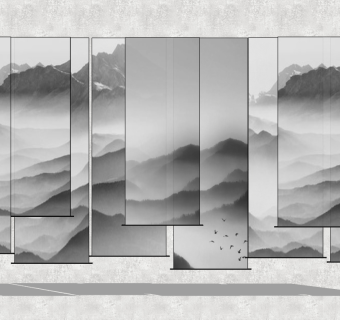 中式手动山水窗帘草图大师模型，手动山水窗帘sketchup模型下载