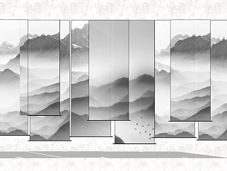 中式手动山水窗帘草图大师模型，手动山水窗帘sketchup模型下载