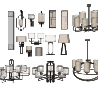 中式壁灯吊灯su组合模型，吊灯sketchup模型下载