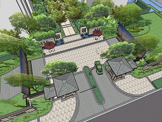办公大楼入口花园景观su模型下载、植物园闸口草图大师模型下载