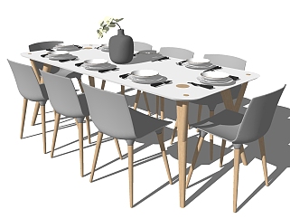 北欧实木餐桌椅组合su模型， 餐桌sketchup模型下载