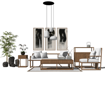 新中式沙发组合草图大师模型，沙发组合sketchup模型下载