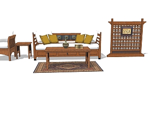 中式家具组合客厅su模型，客厅草图大师模型下载