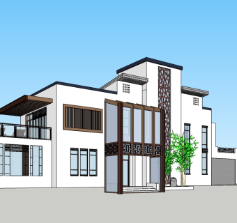 新中式独栋别墅su模型免费下载，别墅sketchup模型下载