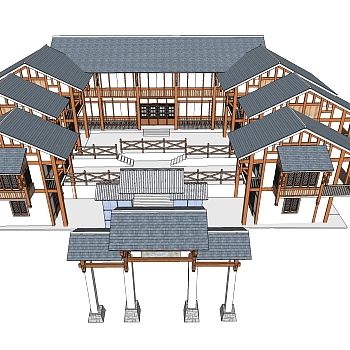 中式古建民房免费su模型下载、古建民宿草图大师模型下载