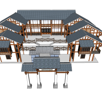 中式古建民房免费su模型下载、古建民宿草图大师模型下载