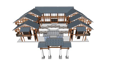 中式古建民房免费su模型下载、古建民宿草图大师模型下载
