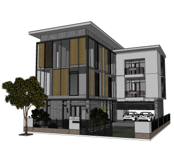 现代美式风格别墅草图大师模型，别墅SU模型下载