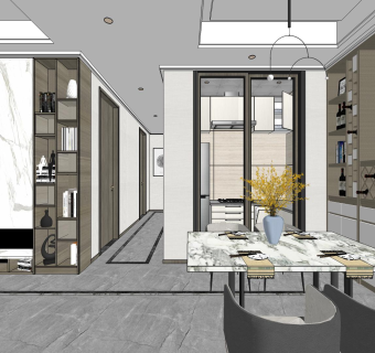 现代轻奢客厅餐厅su模型，客厅餐厅沙发桌椅组合草图大师模型下载