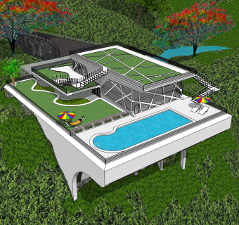 现代泳池别墅草图大师模型，别墅SU模型下载