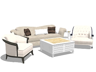 欧式布艺沙发茶几园几组合免费su模型，组合沙发skp模型下载
