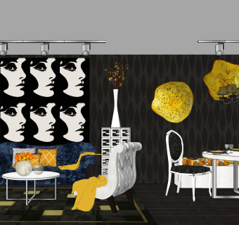 装饰主义客餐厅su模型，客餐厅桌椅背景墙组合草图大师模型下载