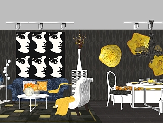装饰主义客餐厅su模型，客餐厅桌椅背景墙组合草图大师...