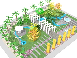 新中式庭院花园草图大师模型，庭院花园sketchup模型下载