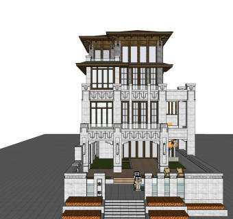 现代简约欧式别墅外观草图大师模型，SU模型免费下载