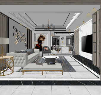 现代轻奢客餐厅su模型，客餐厅沙发茶几灯具组合草图大师模型下载