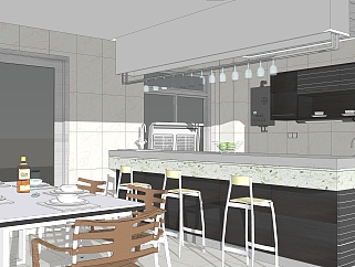 现代餐厅厨房免费su、草图大师模型下载.