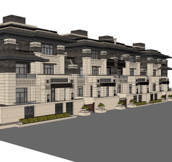 新古典连排别墅su模型下载，sketchup别墅草图大师模型
