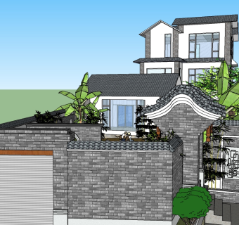 中式独栋别墅草图大师模型，sketchup别墅su模型下载