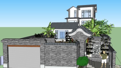 中式独栋别墅草图大师模型，sketchup别墅su模型下载