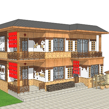 中式客栈建筑草图大师模型，古建民俗sketchup模型免费下载