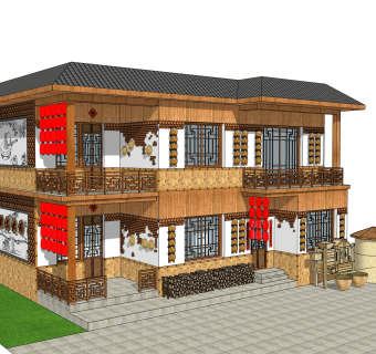 中式客栈建筑草图大师模型，古建民俗sketchup模型免费下载