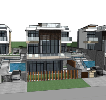 现代联排别墅su模型，别墅sketchup模型下载