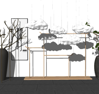 新中式云朵吊灯盆栽摆件草图大师模型，吊灯SU模型下载
