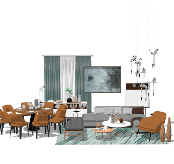 北欧布艺沙发组合餐桌椅su模型，沙发组合餐桌椅skp模型下载