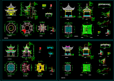古建亭子cad施工图集，景观亭cad竣工图下载