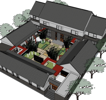 中式别墅庭院su模型下载、中式别墅庭院草图大师模型下载