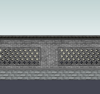 中式围墙院墙草图大师模型skp文件，围墙sketchup模型skp文件下载