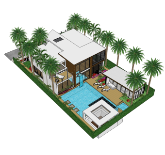 现代欧式泳池别墅草图大师模型，别墅SU模型下载