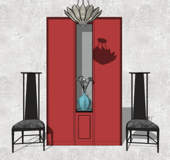 新中式玄关柜单椅组合su模型，玄关柜草图大师模型下载