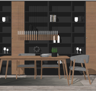 现代餐桌椅书柜组合su模型，简约餐桌sketchup模型下载
